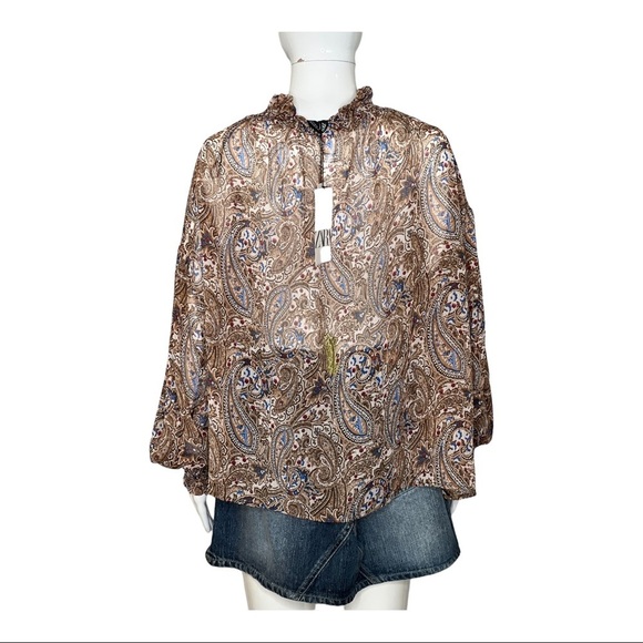 Zara Women Size M Blouse V Neck Long Sleeve Ruffle Sheer Top Paisley Tassel - Picture 12 of 14